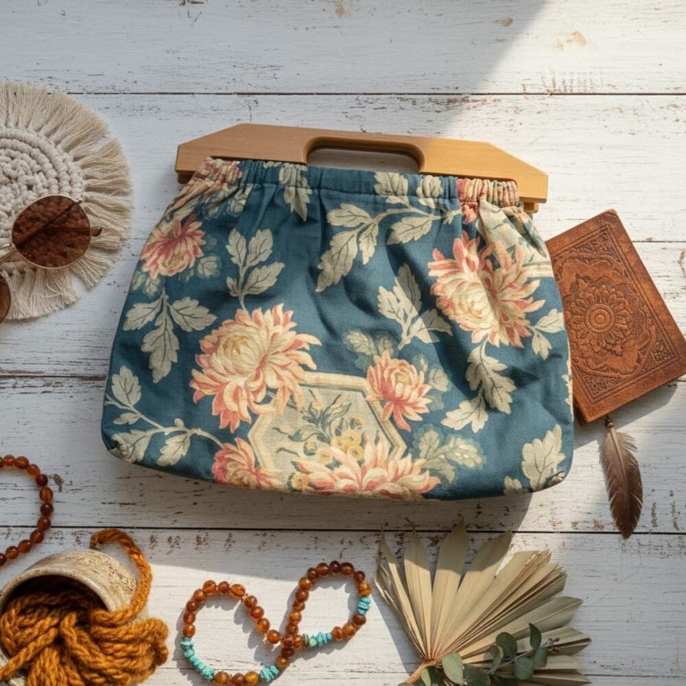 Vintage Floral Cotton Handbag with Wood Handle